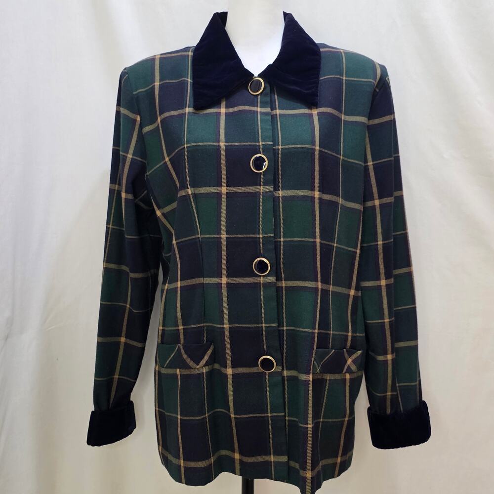 Sunshine Starshine Vintage 80s 90s Green Plaid Velvet Trim Power Jacket, Size 14